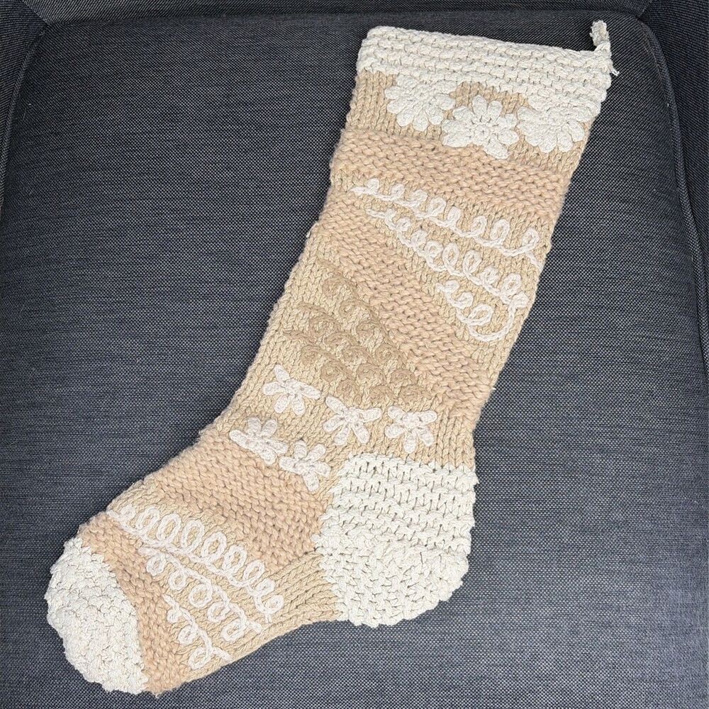 J Jill Hand Knit Christmas Stocking Cottagecore Natural Beige Ivory